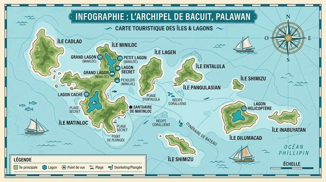 Carte illustrée de l'archipel de Bacuit pour le tourisme