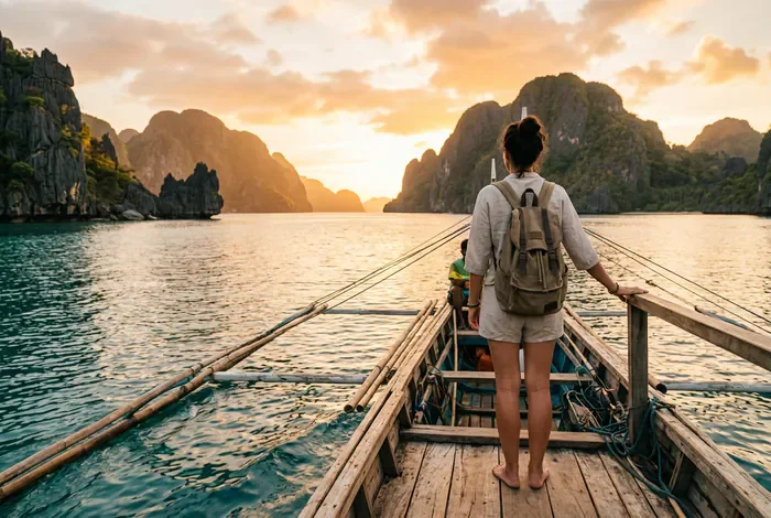 Que faire à El Nido : Guide 2026 - El Nido : 10 activités incontournables (Guide 2026) - Que faire à El Nido sans subir les foules en 2026 ? Voyageur sur un bateau traditionnel face aux îles de l'archipel de Bacuit