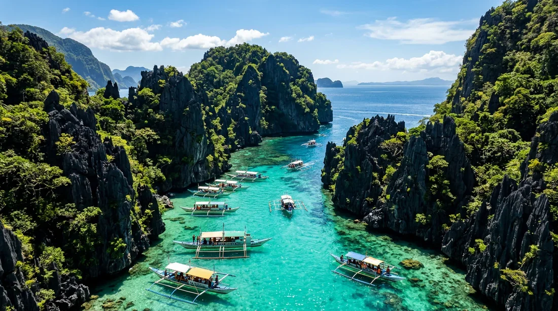 Vue aérienne spectaculaire du Big Lagoon à El Nido avec ses falaises karstiques et bateaux traditionnels
