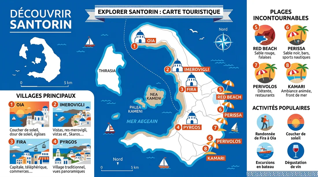 Plan d'accès et carte de Santorin Carte touristique synthétique de l'île de Santorin avec les points d'intérêt principaux