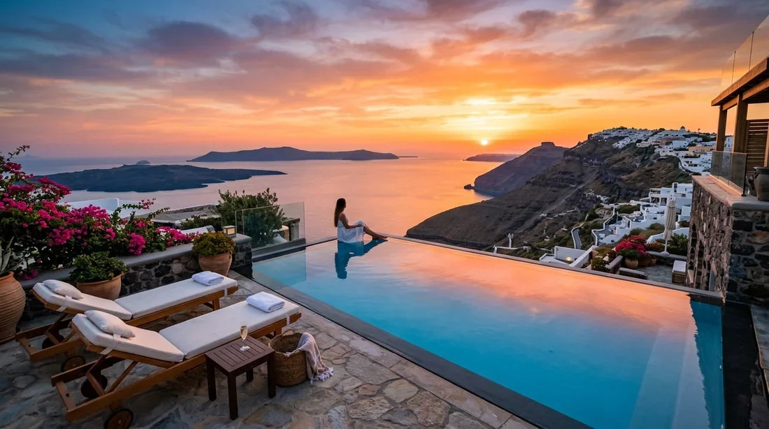 Hôtel de luxe avec vue sur la caldeira Piscine à débordement donnant sur la caldeira de Santorin au coucher du soleil