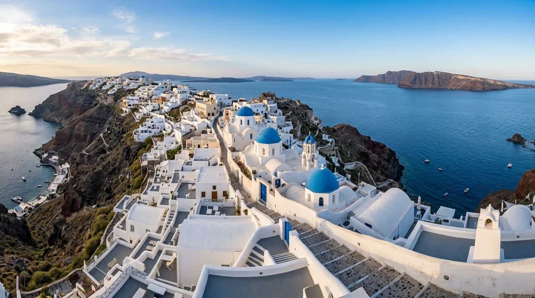 Dômes bleus d'Oia à Santorin au lever du soleil Vue panoramique matinale des dômes bleus d'Oia et de la caldeira à Santorin sans foule