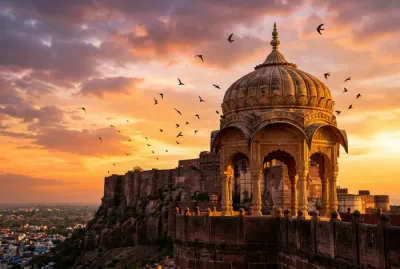 Dôme traditionnel du fort de Mehrangarh à Jodhpur avec des oiseaux en vol