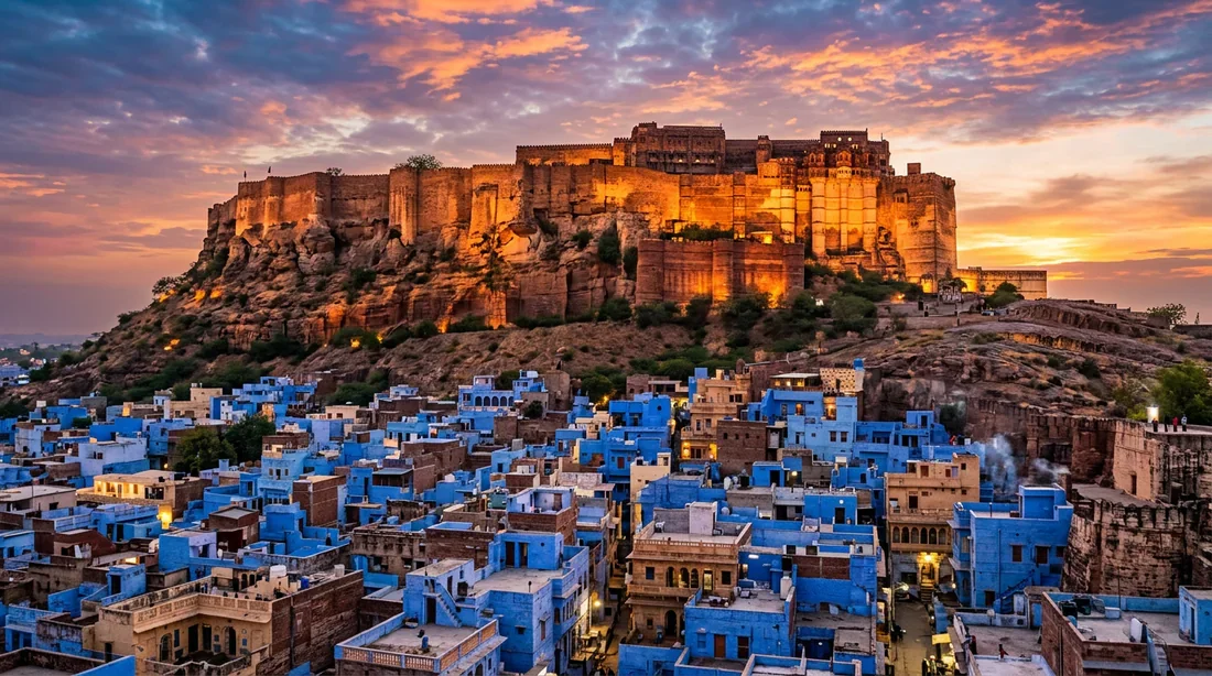 Photographie spectaculaire du fort de Mehrangarh dominant les maisons bleues de Jodhpur au coucher du soleil