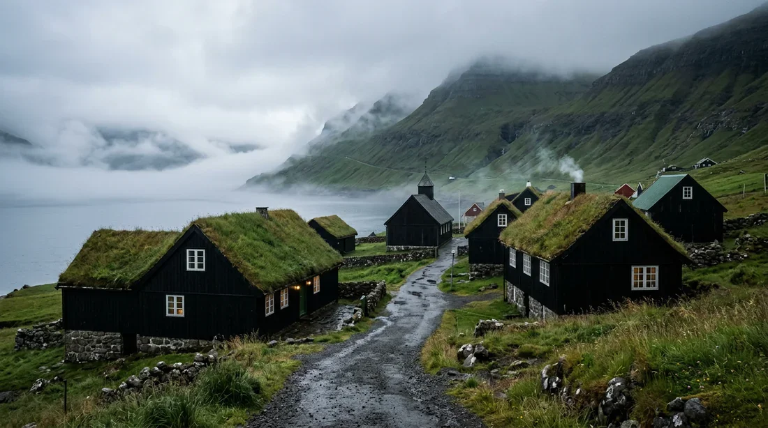 Architecture traditionnelle à Kirkjubøur Maisons traditionnelles féroïennes au toit de gazon à Kirkjubøur