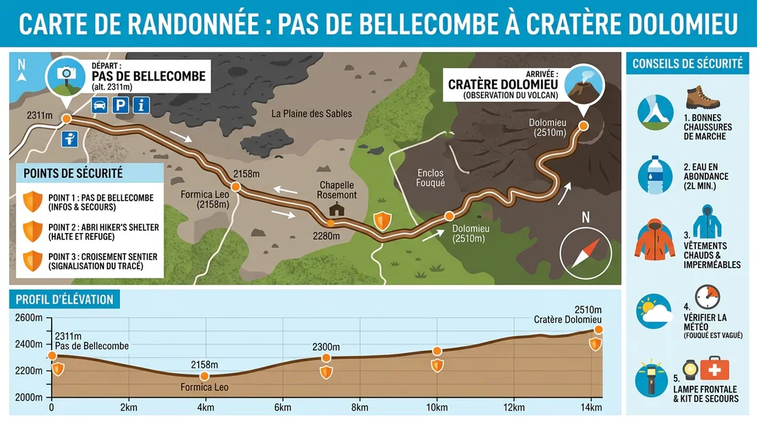 Itinéraire et profil d'élévation du parcours au volcan Schéma et carte de l'itinéraire de randonnée vers le cratère Dolomieu