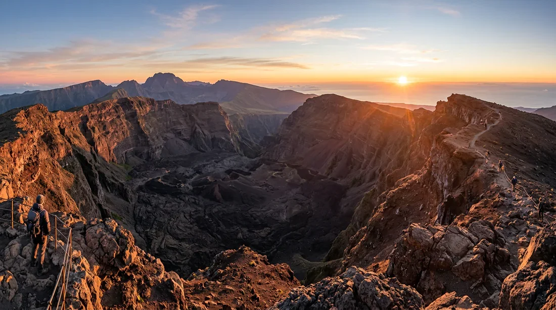 Lever du soleil sur le cratère Dolomieu à La Réunion Vue panoramique au lever du soleil sur le gigantesque cratère Dolomieu au Piton de la Fournaise