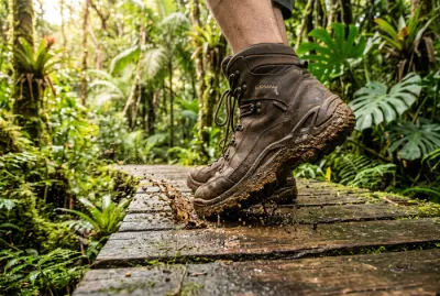 Gros plan sur des chaussures de randonnée recouvertes de boue marchant sur un caillebotis en bois humide