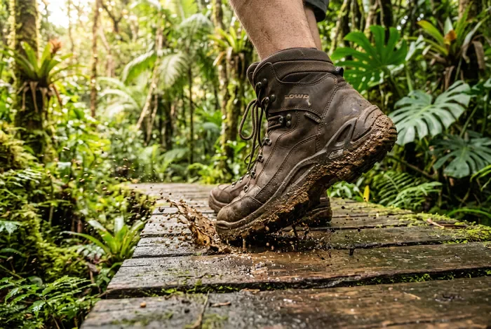 Gros plan sur des chaussures de randonnée recouvertes de boue marchant sur un caillebotis en bois humide