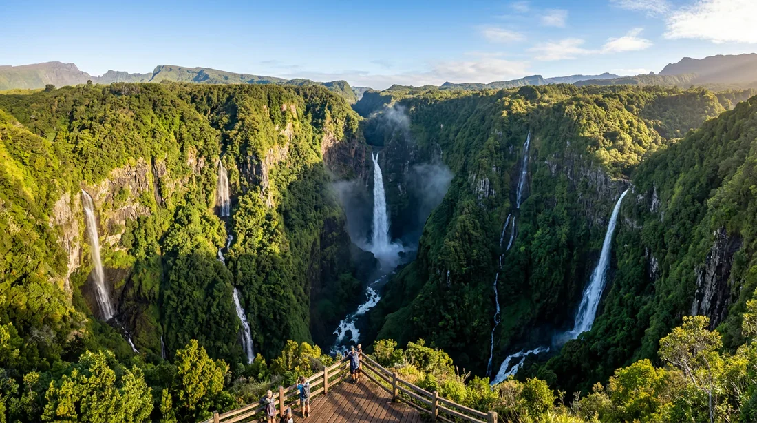 Belvédère du Trou de Fer - Paysage impressionnant au lever du soleil Vue panoramique spectaculaire du gouffre du Trou de Fer et de ses cascades au petit matin à La Réunion
