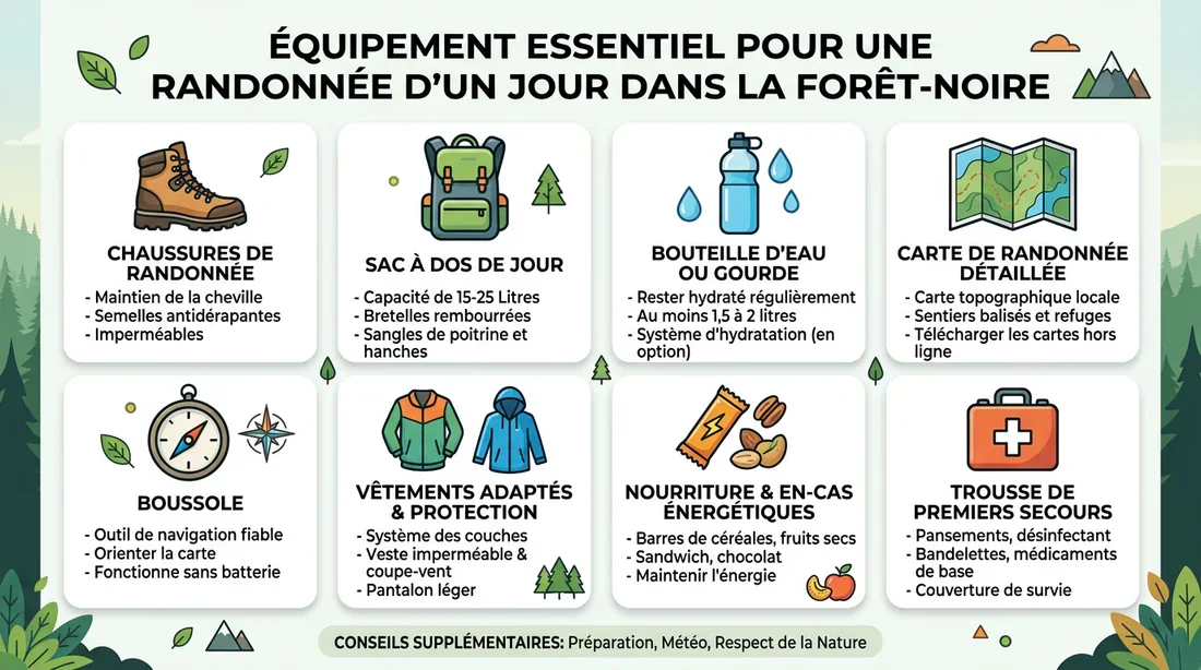 Infographie sur l'équipement nécessaire pour une randonnée en Forêt-Noire
