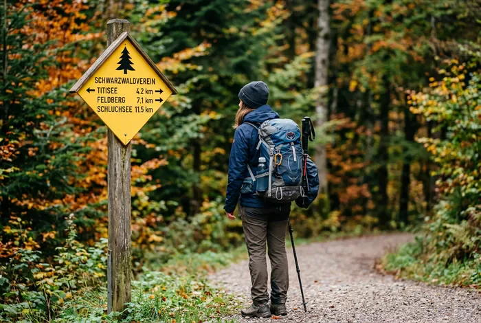 Randonnée Forêt-Noire : Top 5 des sentiers (Guide 2026) - Randonnée Forêt-Noire : Le guide ultime des 5 plus beaux itinéraires - Où faire de la randonnée en Forêt-Noire ? Nos 5 sentiers coups de cœur Randonneur observant un panneau de signalisation traditionnel dans la Forêt-Noire