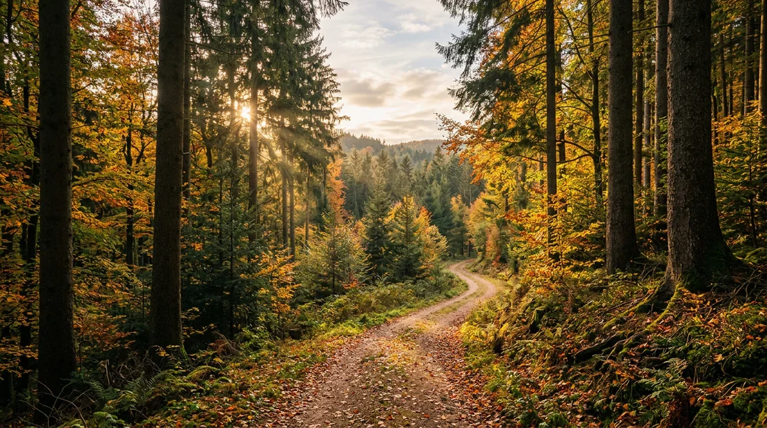 Sentier de randonnée sinueux dans la Forêt-Noire en automne
