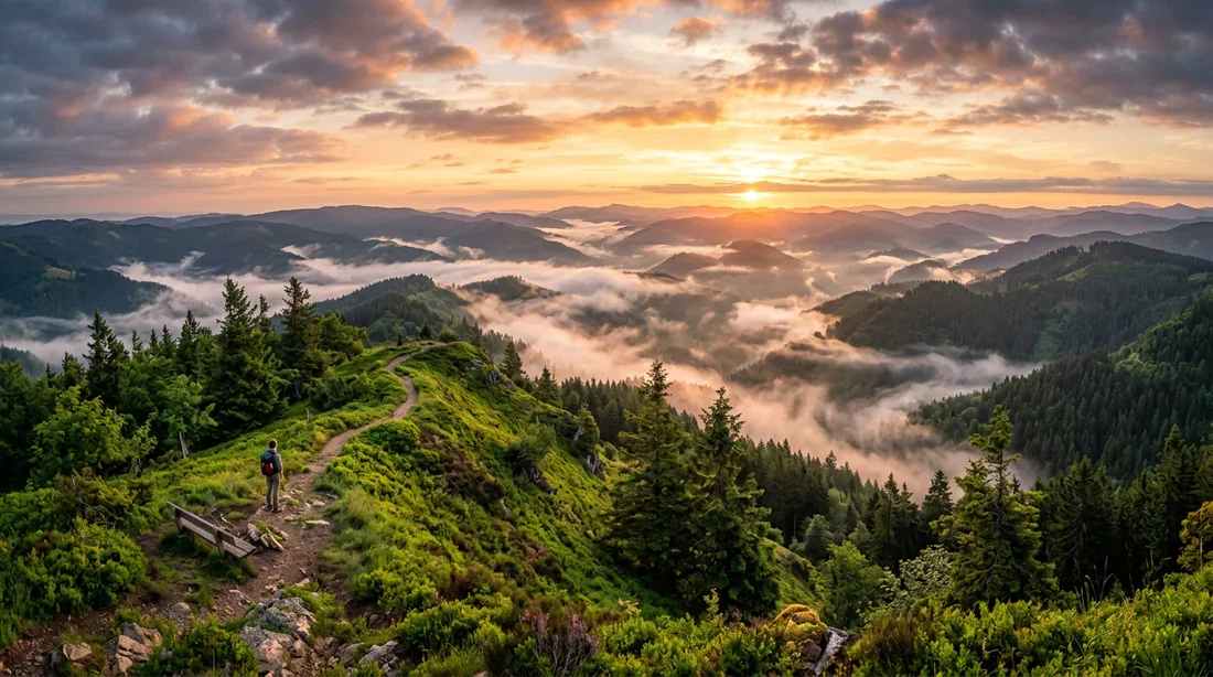 Vue panoramique époustouflante depuis une crête de la Forêt-Noire au lever du soleil avec brume dans les vallées
