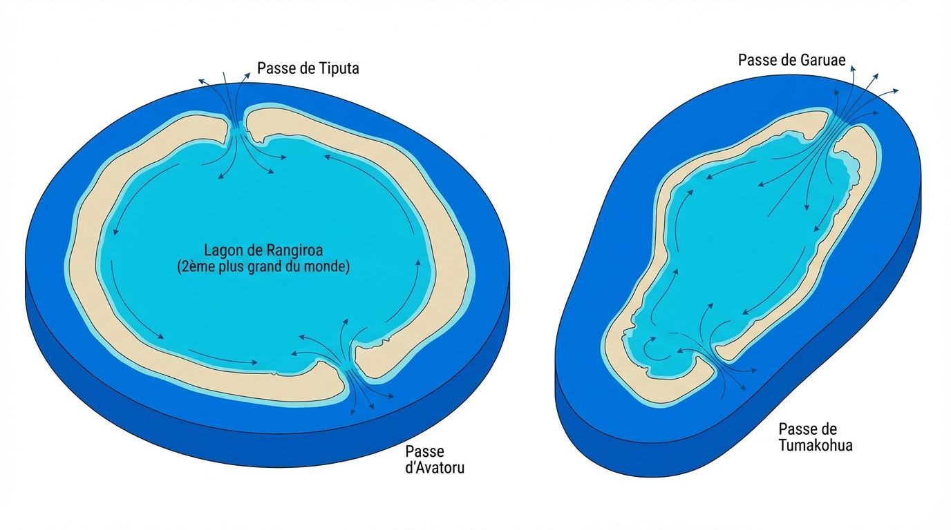 Schéma technique comparatif des atolls de Rangiroa et Fakarava montrant les passes et la structure des lagons.