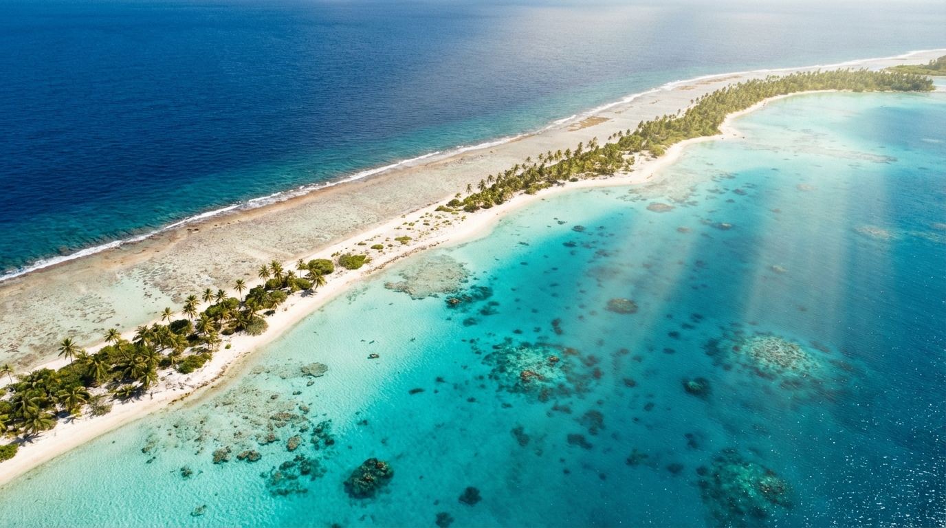 Vue aérienne spectaculaire du contraste entre l'océan et le lagon d'un atoll polynésien.