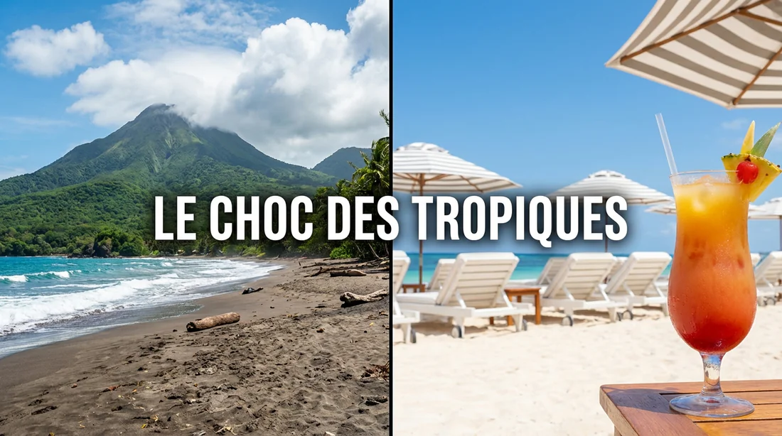 Comparaison entre une plage sauvage de Guadeloupe avec volcan et une plage de complexes hôteliers à Punta Cana.