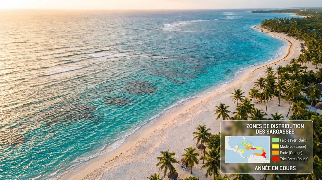 Photo aérienne d'une plage paradisiaque avec une carte illustrative de la présence des sargasses.