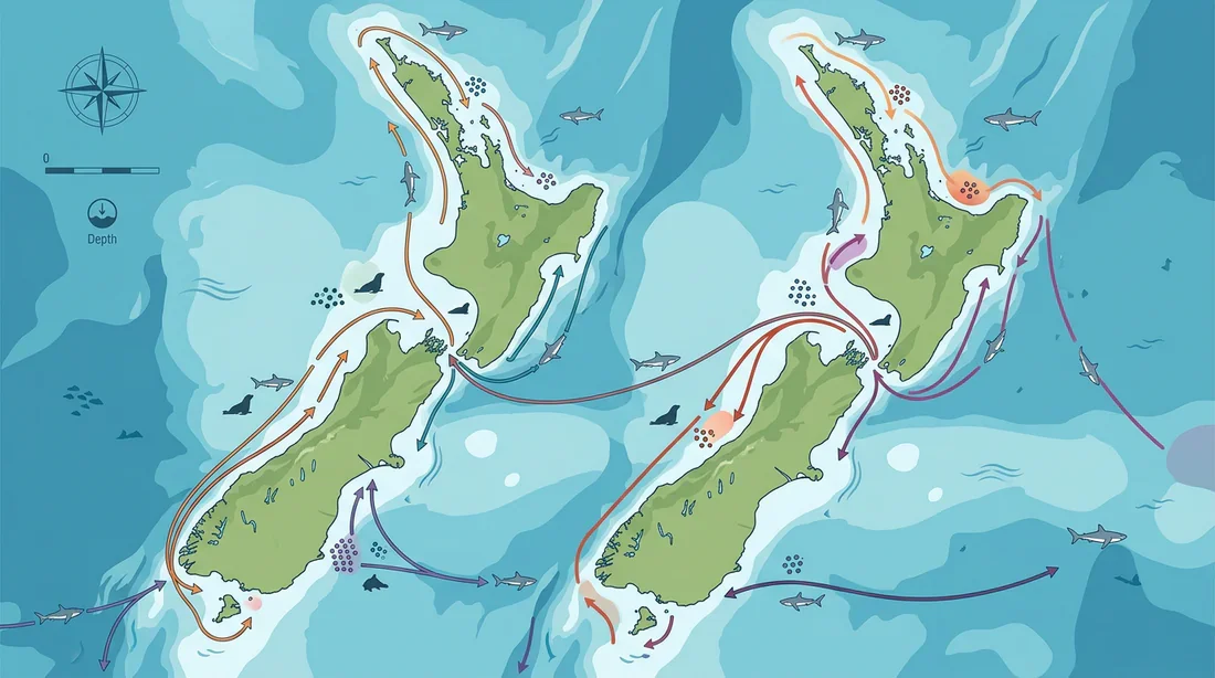 Zones de migration des requins en Nouvelle-Zélande Carte de migration des grands requins blancs en Nouvelle-Zélande
