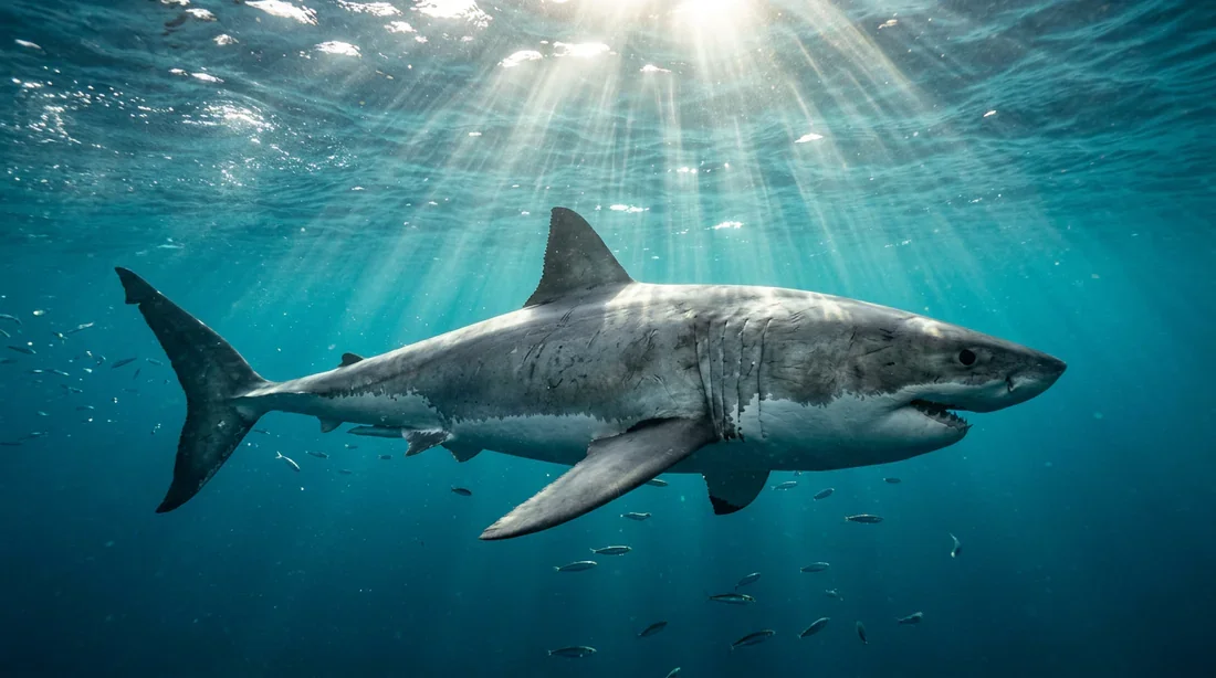 Grand requin blanc sous la surface en Nouvelle-Zélande Grand requin blanc nageant sous l'eau dans les profondeurs de l'océan