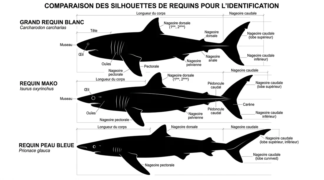 Différences morphologiques entre les espèces de requins Infographie comparative des espèces de requins en Nouvelle-Zélande