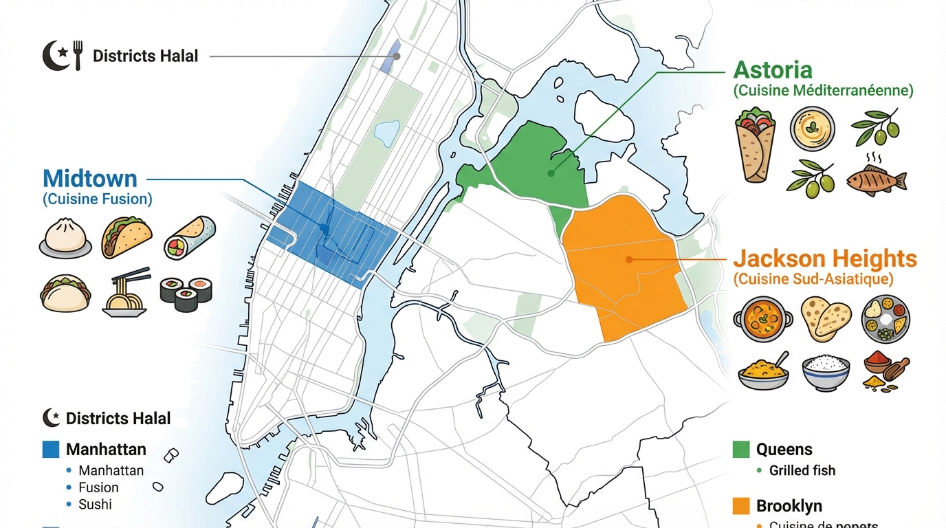Carte technique des quartiers gastronomiques halal à New York