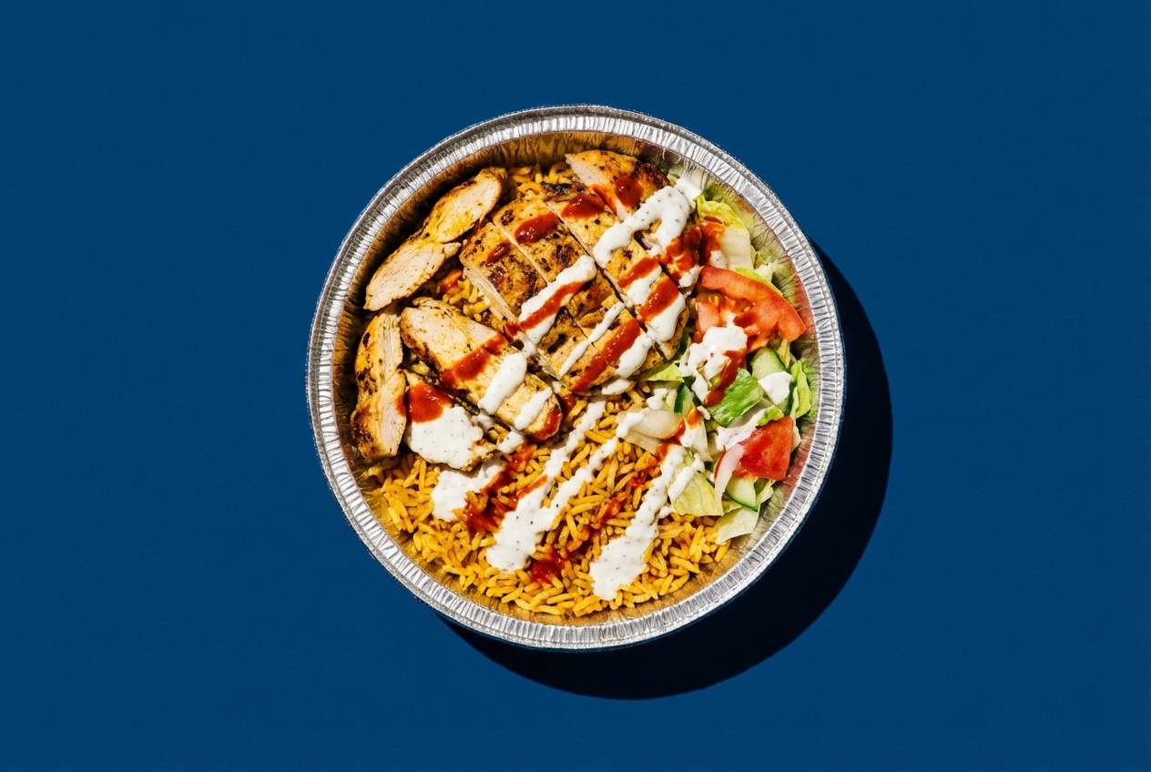 Plat emblématique halal de New York sur fond uni