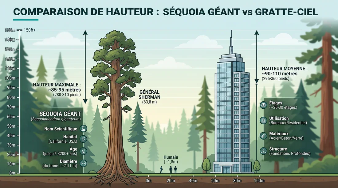 Comparaison de hauteur : Séquoia vs Gratte-ciel Infographie comparant la taille d'un séquoia géant avec un gratte-ciel