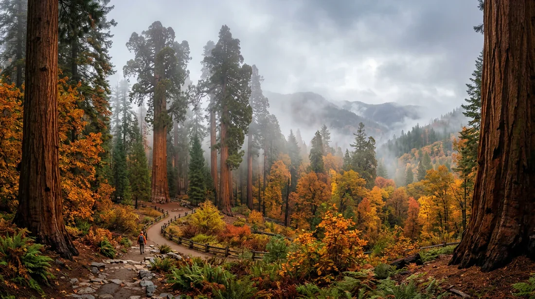 Le parc national des Séquoias en automne Paysage brumeux du parc national des Séquoias en Californie
