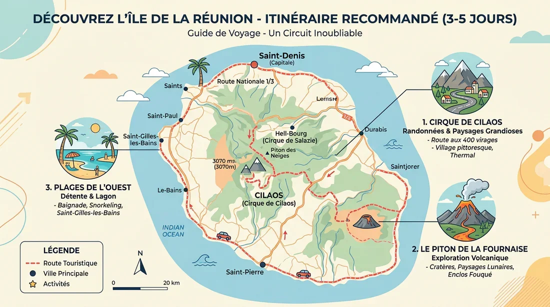 Carte itinéraire infographique pour organiser un road trip à l'île de La Réunion