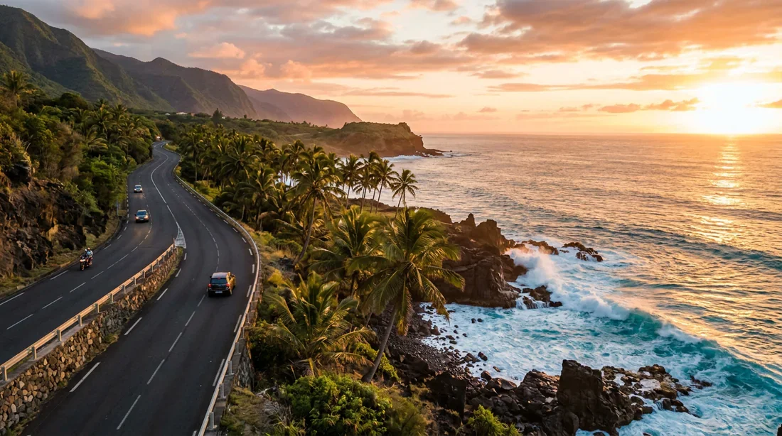 Route littorale panoramique bordée de palmiers et de l'océan Indien à La Réunion