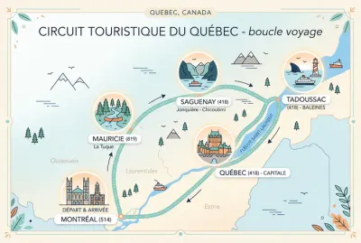 Carte schématique d'un itinéraire de road trip au Québec reliant Montréal et Tadoussac
