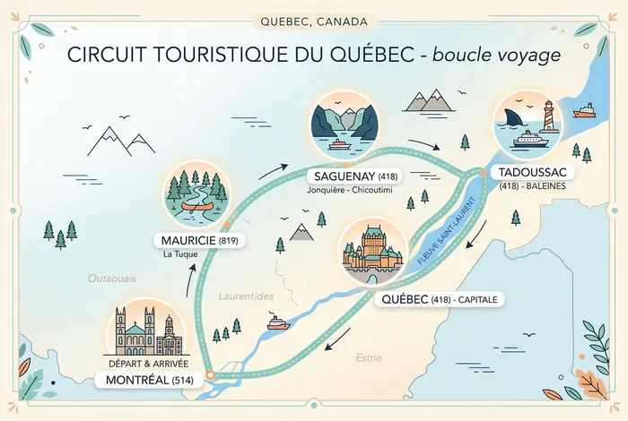 Carte schématique d'un itinéraire de road trip au Québec reliant Montréal et Tadoussac