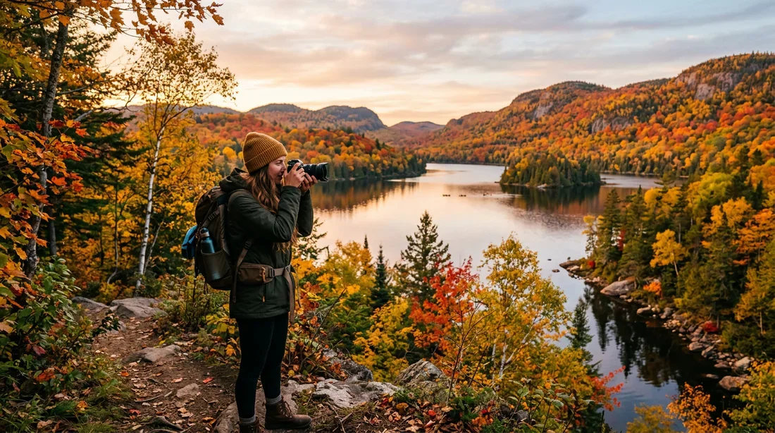 Étape nature au Parc National de la Mauricie Photographe admirant les paysages d'automne au Parc National de la Mauricie