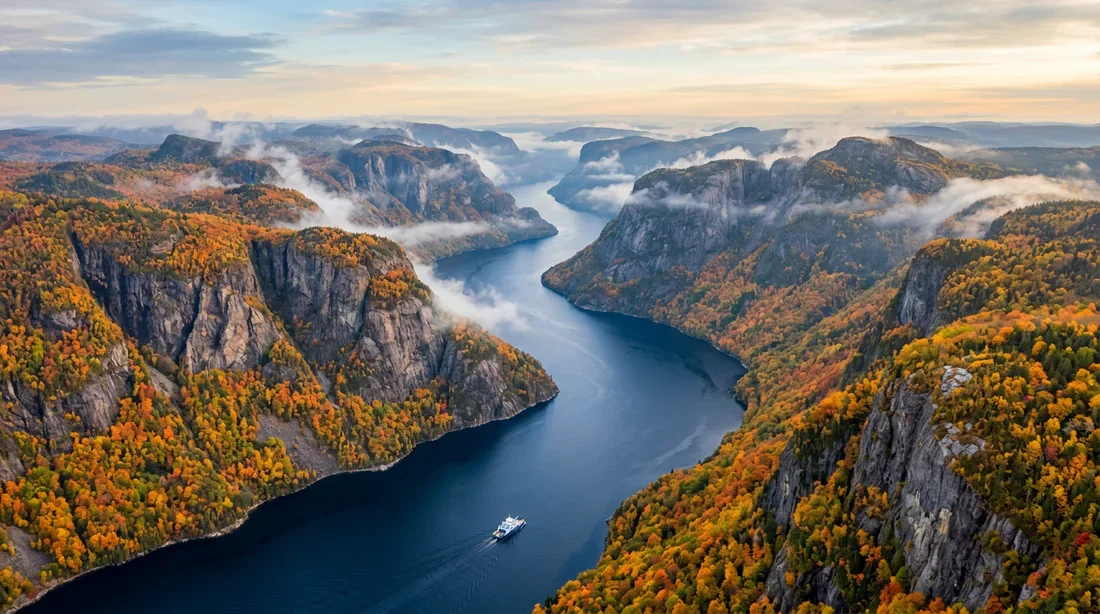 Panorama du Fjord du Saguenay en automne Vue panoramique aérienne du Fjord du Saguenay bordé de forêts colorées