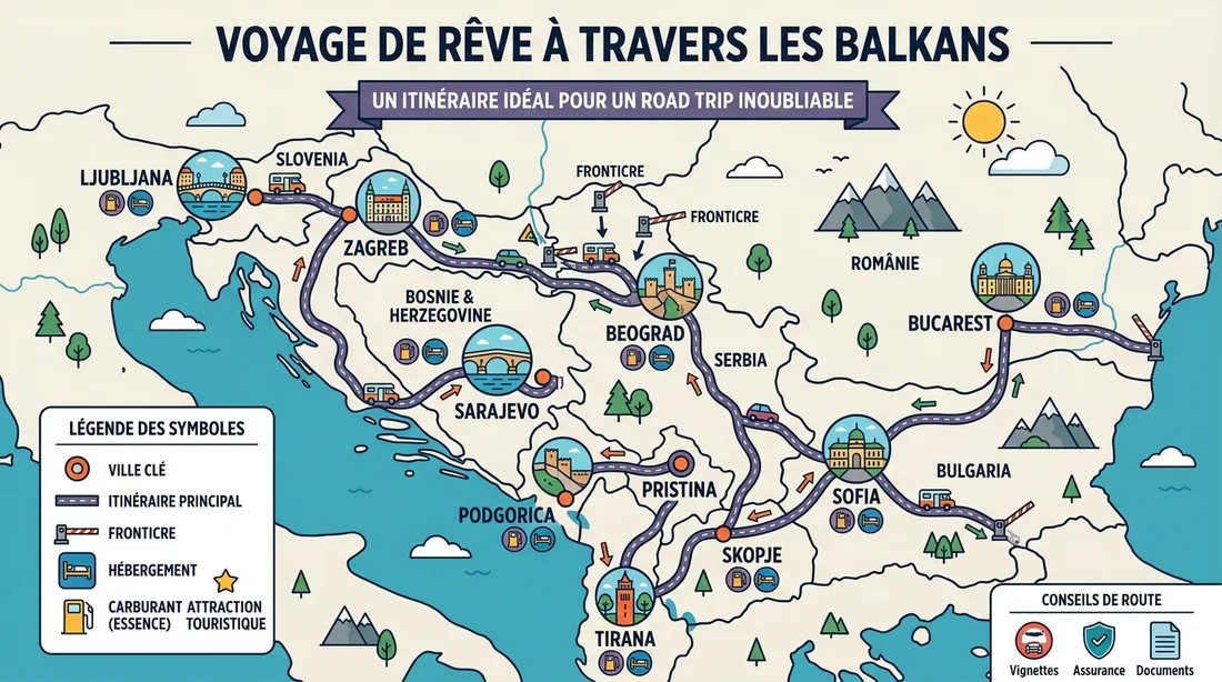 Carte interactive de l'itinéraire conseillé pour un road trip dans les Balkans