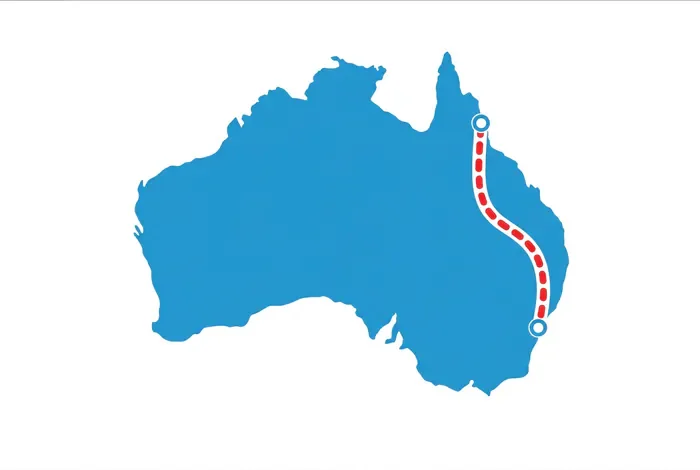 Carte stylisée de l'Australie indiquant l'itinéraire en van de Sydney à Cairns