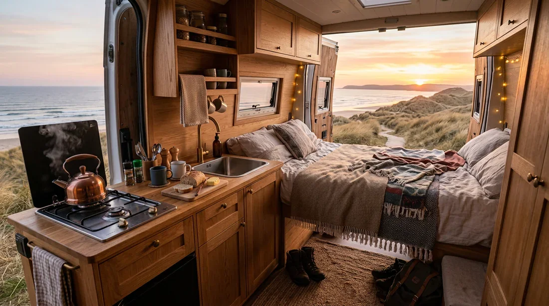 Intérieur chaleureux d'un campervan aménagé avec vue sur la mer