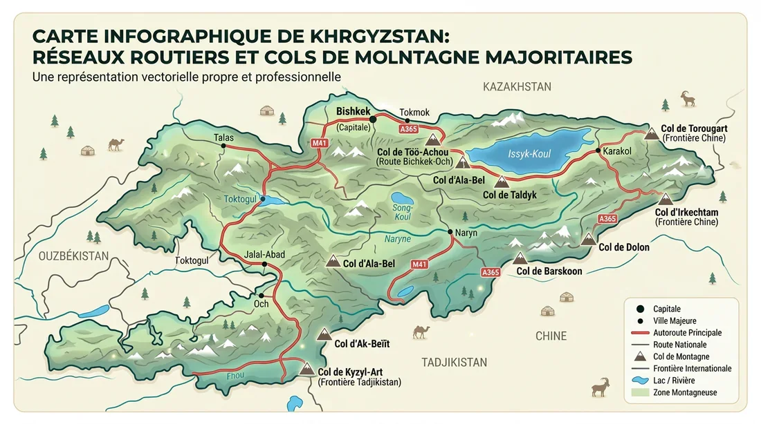 Carte détaillée des axes routiers et cols de montagne du Kirghizistan
