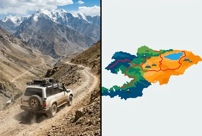 Road trip Kirghizistan : Guide complet 2026 - Road trip Kirghizistan : Le guide ultime pour 2026 - Quel itinéraire pour votre road trip au Kirghizistan ? Miniature illustrant un itinéraire de voyage en 4x4 au Kirghizistan