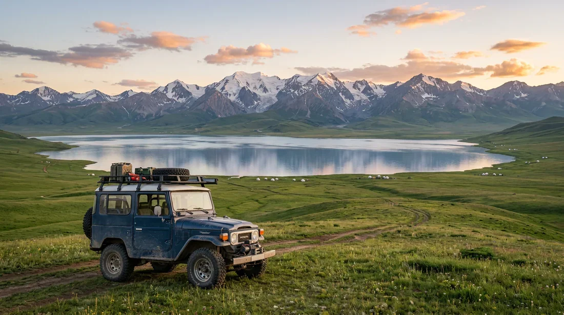 Un 4x4 tout-terrain stationné dans la steppe verdoyante près du lac Song Kul au Kirghizistan