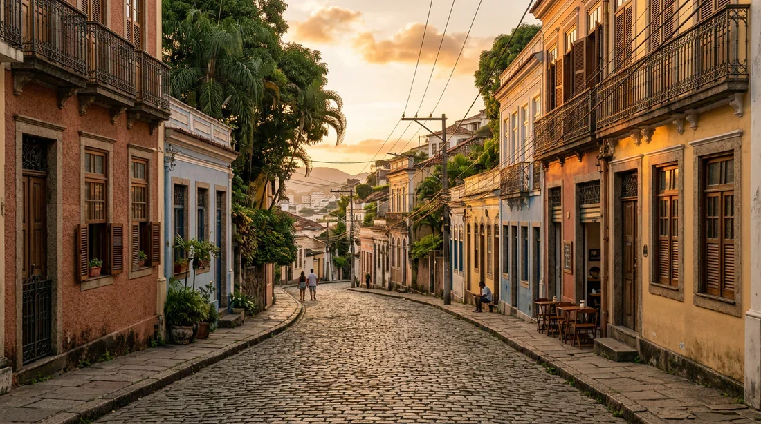 Ambiance des rues de Santa Teresa Rue pavée typique de Santa Teresa sous la lumière du soir