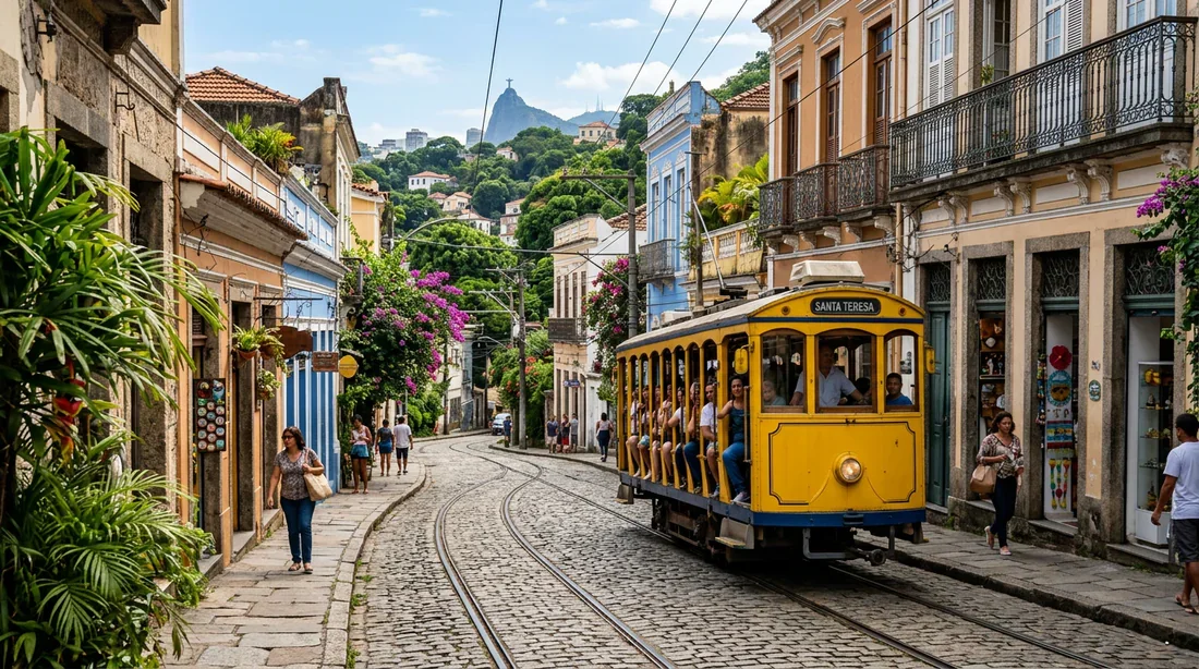 Tramway jaune de Santa Teresa Tramway jaune typique dans les rues de Santa Teresa à Rio de Janeiro