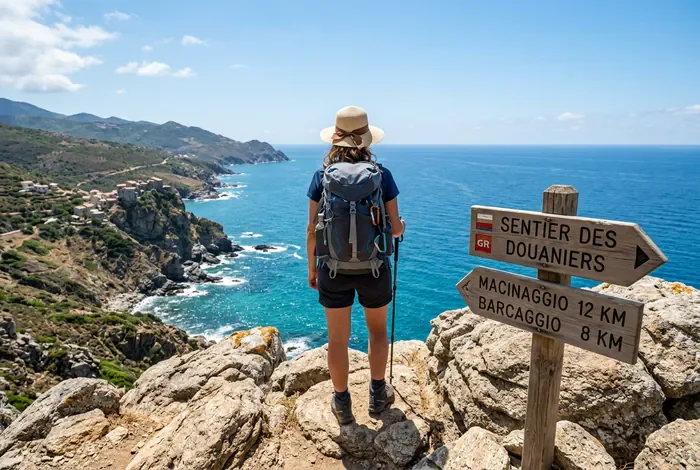 Randonneur admirant le littoral depuis le sentier des douaniers au Cap Corse
