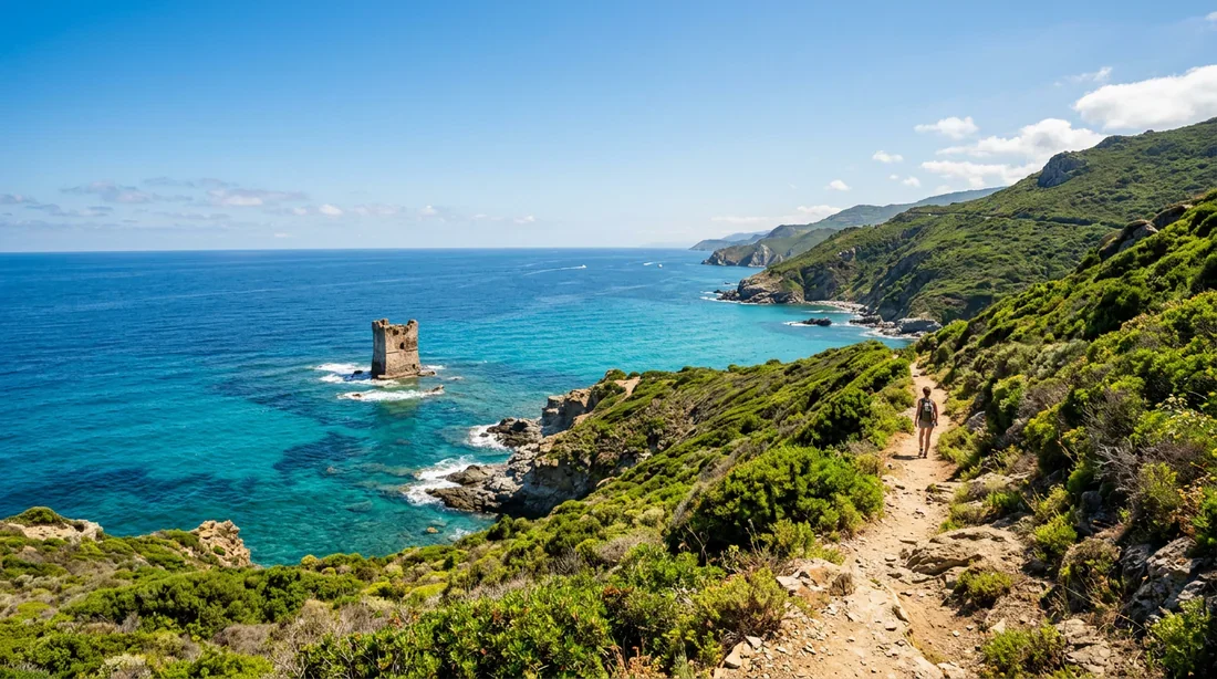 Vue panoramique du sentier littoral des douaniers au Cap Corse avec la tour génoise de Santa Maria