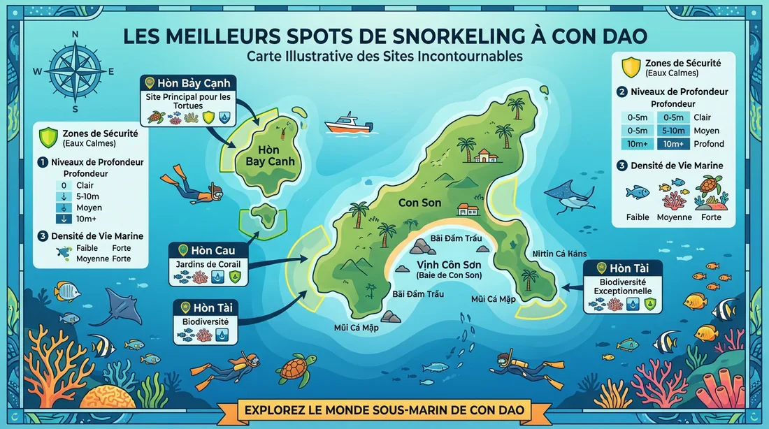 Infographie des meilleurs spots de snorkeling à Con Dao