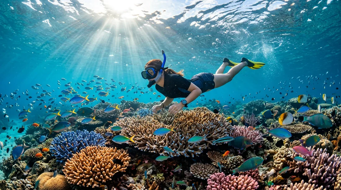 Plongeur en snorkeling observant un récif corallien sain à Con Dao