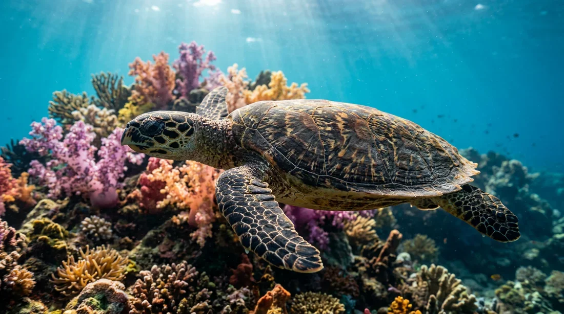 Tortue marine nageant dans les coraux de Con Dao