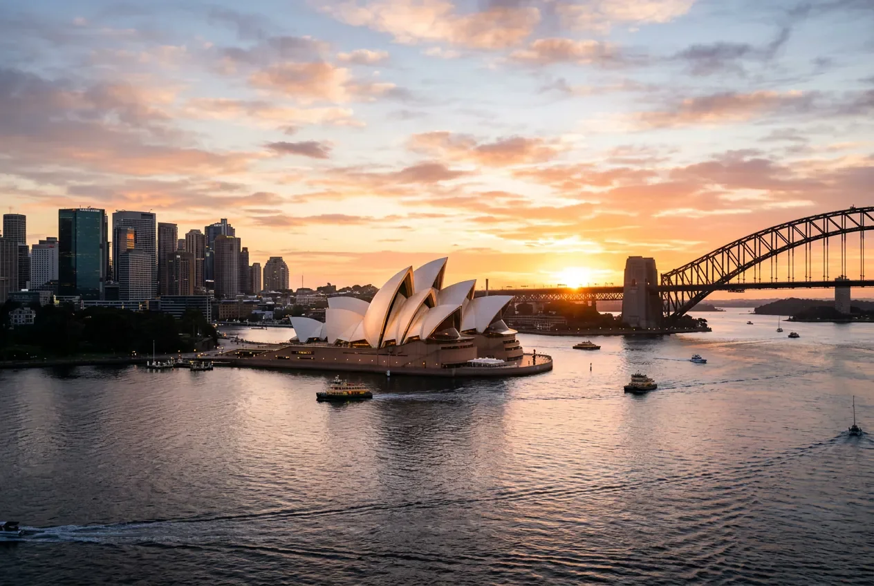 L'Opéra de Sydney baigné par la lumière du matin dans le port de Sydney.