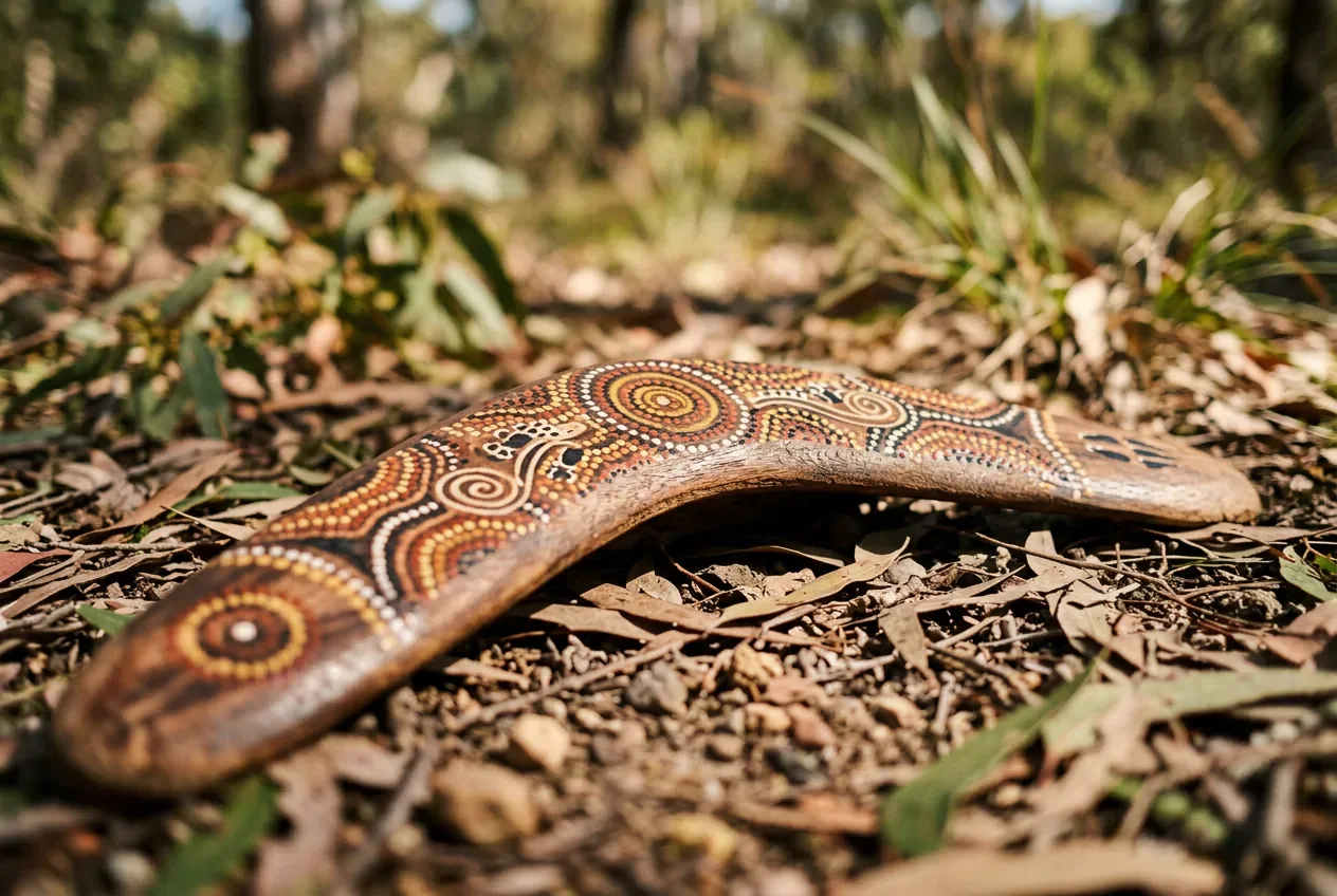 Un boomerang traditionnel en bois orné de peintures aborigènes pointillées.